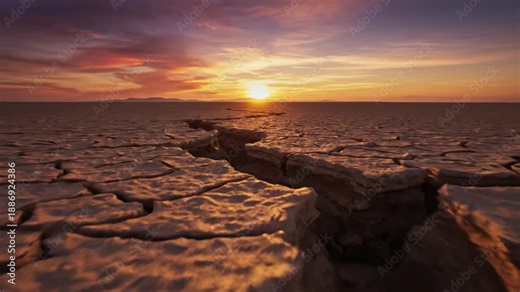 Cinematic slow motion tracking over a deep earthquake fault line in parched desert terrain under a vibrant orange sunset, highlighting the devastating impact of natural geological forces.