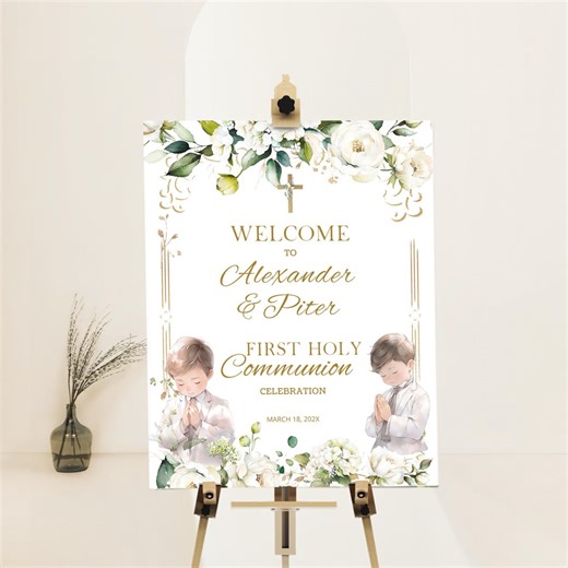 Editable Twins Boy First Holy Communion Welcome Sign, Boys Communion Poster Template, Green Gold, Communion Decoration, P222