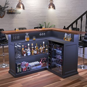 L Shaped Home Bar Cabinet with Fridge Space, Oversized Modern Basement Bar Table