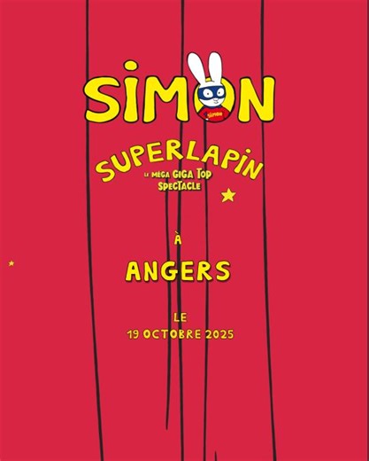 ✨ Simon arrive bientôt à Angers avec son Super Spectacle ! 🐰🎟️ Une aventure drôle, tendre et pleine d’énergie à partager en famille ❤️ 📍 Rendez-vous à Angers le 19 octobre pour vivre un moment inoubliable avec Simon et ses amis. Il reste encore des places, ne manquez pas l’occasion ! 👉 https://bit.ly/simonsuperlapin-25 | Simon