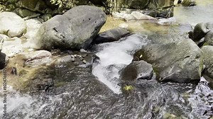 Footage of a cascade of crystal clear water flowing from a natural spring, with the water forming fluid shapes.