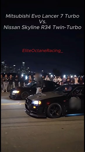 💥 Nissan Skyline GTR R34 Twin Turbo Vs. Mitsubishi Lancer Evo 7 Turbo💥 #jdm #r34 #evos #race #racing