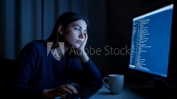 A tired female programmer feeling bored and overworked while coding on a computer late at night in a dark office, a concept for professional burnout and mental fatigue