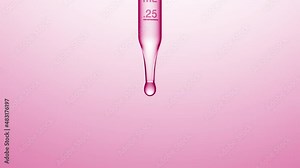 Close up macro shot of transparent fluid is dripped from graduated lab dropper on pale pink background | Abstract skincare serum ingredients formulating concept