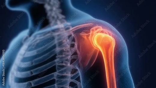 Shoulder anatomy visualization: a detailed, medical illustration highlights the human shoulder joint. The radiant glow emphasizes the complexity and the function of the human body.
