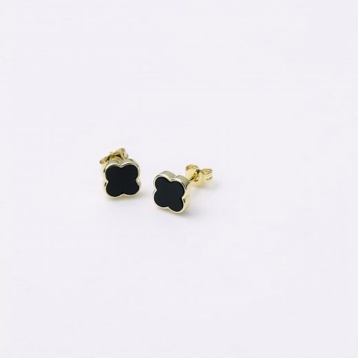 Gold Plated Black Onyx Gemstone Clover Earrings