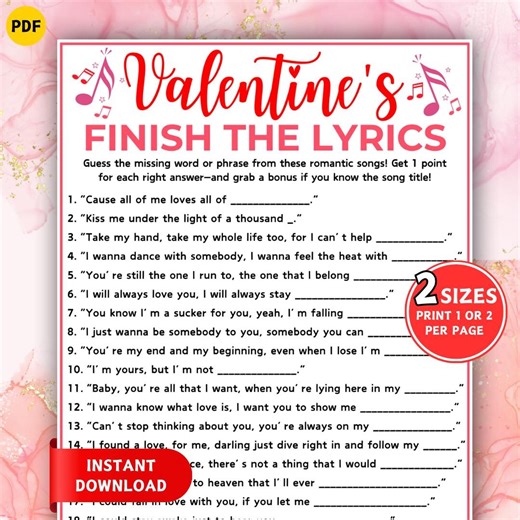 Printable Finish the Lyrics Game, Valentines Games, Valentine Party Game, Song Trivia Quiz, Song Game for Kids & Adults, Valentine Activity - Etsy