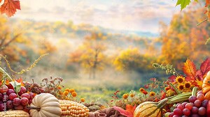 Autumn Harvest scened with Pumpkins, Grapes, and Fall Leaves in a Sunny Setting.
