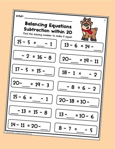 Rudolph Balancing Equations Subtract Within 20 Christmas Math Worksheets Color