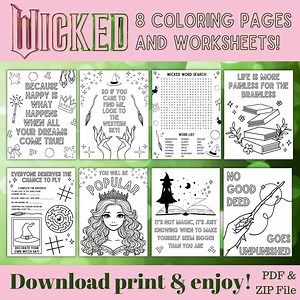 Wicked Coloring Pages, Digital Printable, Glinda, Elphaba, Wicked Worksheets, Birthday Party, Activities, Wizard of Oz, Witch - Etsy