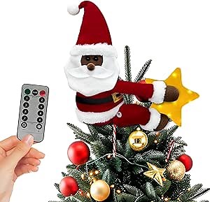 Black Santa Christmas Tree Topper Star Lighted, Santa Plush Xmas Tree Topper with Lights for Wine Bottle Curtain Decor