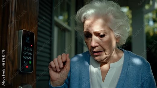 Senior woman using smart lock on home door, enhancing home security with technology and modern access control.