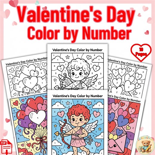 Valentine’s Day Color by Number Worksheets, Valentine Math Coloring Pages for Kids, Printable PDF | Kindergarten–2nd Grade - Etsy UK