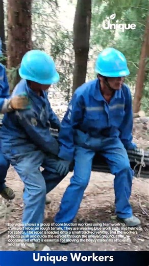 Teamwork: Workers Transport Rebar on Rough Terrain