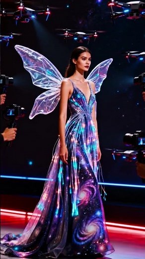 ✨ Futuristic Runway Queen | Galaxy Gown with Glowing Fiber Optics & Translucent Wings ✨