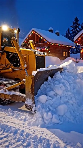 Bulldozer pushing icy snowbanks away from cabins decorated with Christmas lights.