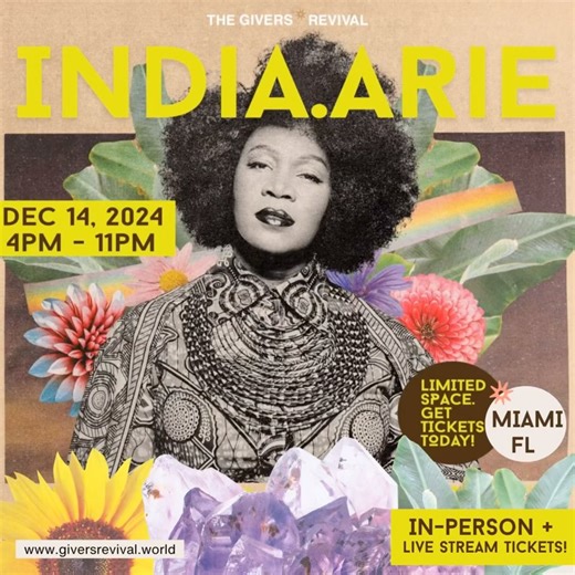 India Arie on Instagram: "SOUND UP!! MUSIC AND MEDITATION LIVE ON STAGE FOR THE FIRST TIME! In MIAMI DEC 14th Tickets are Limited only 200 seats! And streaming again online!!! Links are in my bio for tickets to both! LOVE YALL! HOPE TO SEE YOU THERE💜"