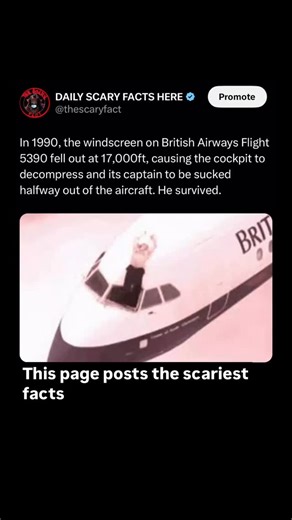 Thescaryfact ™ | In 1990, British Airways Flight 5390, a BAC 1-11 aircraft, experienced a harrowing incident when the windscreen of the cockpit fell out at... | Instagram