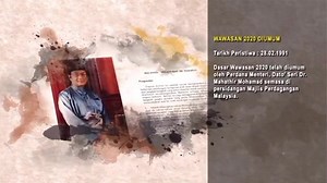 WAWASAN 2020 DIUMUM Tarikh Peristiwa : 28.02.1991 Dasar Wawasan 2020 telah diumum oleh Perdana Menteri, Dato' Seri Dr. Mahathir Mohamad semasa di persidangan Majlis Perdagangan Malaysia. Pengumuman ini dibuat semasa beliau membentangkan kertas kerja yang bertajuk Malaysia - The Way Forward, yang mengandungi satu pemikiran dan rangka kerja mengenai matlamat Malaysia menjadi sebuah negara maju pada tahun 2020. Wawasan 2020 mengandungi sembilan cabaran utama, dengn terasnya ialah pembangunan menyel
