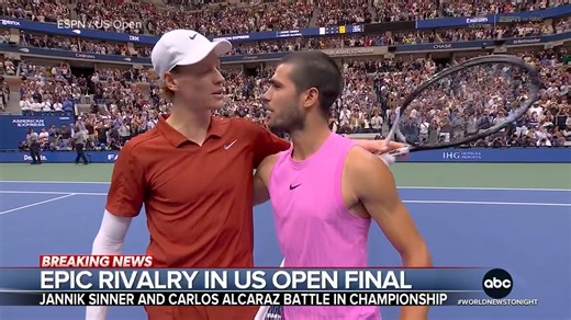 The epic rivalry at the US Open between Carlos Alcaraz and Jannik Sinner facing off in the men's final. Aryna Sabalenka defeats Amanda Anisimova for her 2nd consecutive US Open title. Olivia Rubin has more. | ABC World News Tonight with David Muir