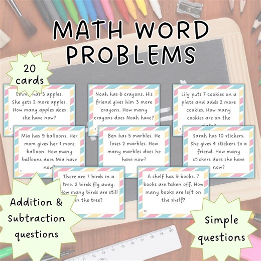 Addition and Subtraction Word Problems Kindergarten First Grade Basic Math Problem Solving Real Life Math Problems Homeschool Resource - Etsy