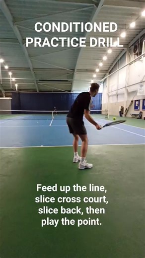 This conditioned drill is what we call a 'pre competitive'. It has a structure that must be completed before the point becomes live. Excellent for combining practice and points. #backhandslice #backhandslicedrill #tennispoint #tennisplayer #tennisskills #tenniscoaching #tennisdrills #onemoreball #gptca #tennisforever #sport | Tennis