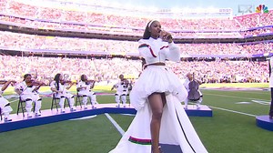 Fred Beam, Coco Jones perform 'Lift Every Voice and Sing' during Super Bowl LX