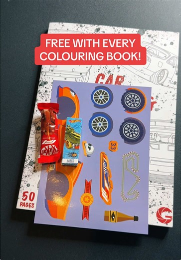With every car colouring book get a FREE Formula 1 Kitkat, Hot Wheels candy sticks & a race car sticker sheet 🏎️🖍️😎 #colourtok #colouring #f1 #formula1 #hotwheels