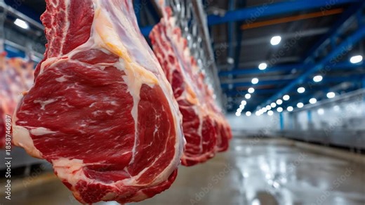 4k A highly detailed industrial slaughterhouse interior with dozens of full-length pork carcasses suspended from overhead metal hooks. The carcasses display visible rib cages, vertebr