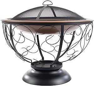 Blue Sky Outdoor Living 29” Round Fire Pit with Porcelain Enamel Fire Bowl, Spark Screen, and Lift, Decorative Outdoor Fire Pit, Bronze