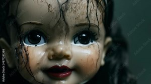 Close-up of a creepy doll face with cracks and a haunting expression, creating an eerie and unsettling atmosphere. The wide eyes and cracked surface add to the spooky and sinister vibe