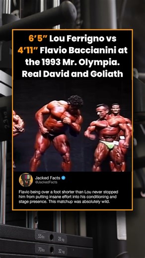 6'5" Lou Ferrigno vs 4'11" Flavio Baccianini at the 1993 Mr. Olympia. Real David and Goliath