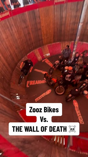 Pure power on a vertical wall. Zooz Bikes can handle anything you throw at it. #sendit #wallofdeath #zoozbikes #feelthethrill #ebikes #bikelife #fyp #speed #style