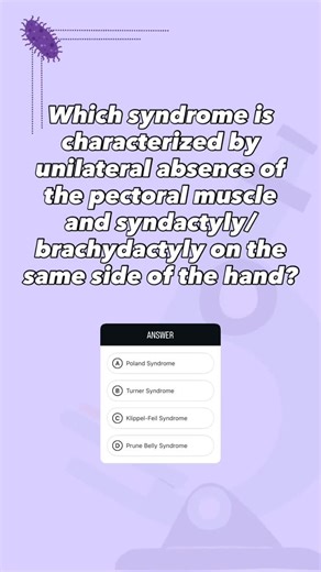 med's go on Instagram: "The correct answer is A) Poland syndrome . Poland syndrome is a rare congenital anomaly classically defined by unilateral absence (or hypoplasia) of the pectoralis major muscle (especially the sternal head) combined with ipsilateral hand anomalies on the same side, most commonly syndactyly, brachydactyly, or even ectrodactyly (short or missing fingers). The combination of absent pectoral muscle + ipsilateral finger anomalies is virtually pathognomonic and occurs in almost