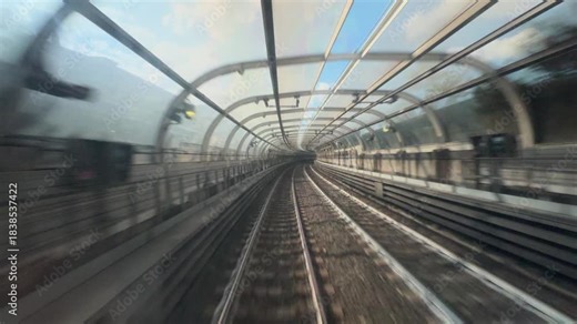 POV from a metro train driver cab on outdoor section, between stations with fast motion rails and city scenery creating an immersive urban transportation ride