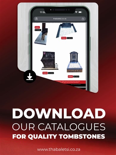 Explore our comprehensive range of over 200 high quality tombstone designs, crafted from durable granite to withstand the test of time. At Thabaletsi Tombstones, we ensure unmatched quality with on site cutting, polishing and edging. Discover the perfect tribute for your loved ones in our booklets & catalogues. Download the Thabaletsi Booklet Here: https://www.thabaletsi.co.za/pricelist/Thabaletsi-Booklet.pdf Download the Thabaletsi Value Added Booklet Here: https://www.thabaletsi.co.za/wp-conte