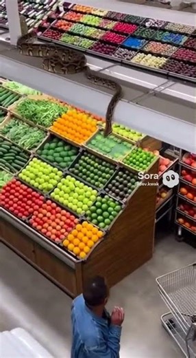 SHOCKING! GIANT PYTHON FALLS from Ceiling onto Fruit Stand | Supermarket Panic - Close Call