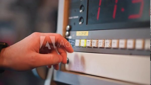 Close-up of hand pressing "CAM 3" button on broadcast control panel with digital timer display visible, used in television production environments to switch camera feeds