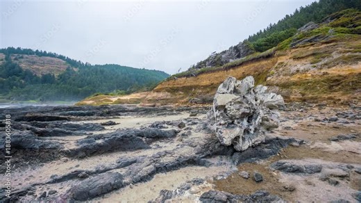Scenic view of the dramatic and rugged coastline at Cape Perpetua, near Yachats, Oregon. The footage captures the unique volcanic basalt rock formations, tide pools, and the dense, old-growth temperat