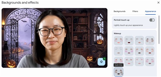 Express your style on Google Meet with AI-powered makeup! This new premium feature offers 12 looks, from subtle to expressive. Plus, for a limited time, get spooky with our Halloween backgrounds to add seasonal flare to your calls. → http://goo.gle/47cQ3s3 | Google Workspace