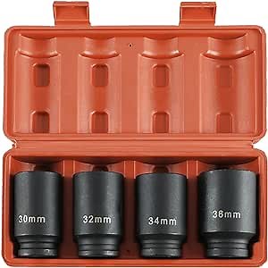 1/2" Drive Deep Spindle Axle Nut Impact Socket | 4 PCS Metric Axle Nut Socket Set, CR-MO, 12 Point Design, 30,32,34,36mm, 1/2 Inch Heavy Duty Deep Impact Socket Set