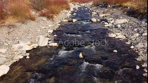 Close-up of clear water flowing through pebbles in stream, View of rocks in river.