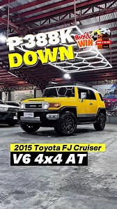 🚙🔥 2015 TOYOTA FJ CRUISER V6 4x4 AT 🔥🚙 Iconic. Matibay. Pang-adventure talaga! Stand out on and off the road with this automatic V6 4x4 beast in head-turning yellow 💛—equipped with black alloy wheels, all-terrain tires, roof rack, and backed by CARPRO Premium Warranty for peace of mind. 💪⛰️ 💥 ALL-IN DOWNPAYMENT: ₱388K 💳 As low as ₱39K/month 🎁 Buy & Win: iPhone 17 Pro Max 📩 Message us now and drive home your dream off-road SUV today! 📍 National Highway, Pagdalagan Norte, City of San Fe