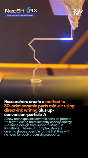 Researchers from Jiangnan University, China, published results in Nature Communications showing that 3D printing of ceramics can now happen mid-air — without support structures — by combining Direct Ink Writing (DIW) with near-infrared (NIR) light-induced up-conversion particle–assisted photopolymerization (UCAP). In this method, a photosensitive ceramic slurry is extruded through a nozzle; immediately as it exits, a 980 nm NIR laser irradiates the slurry, triggering photopolymerization via up-c