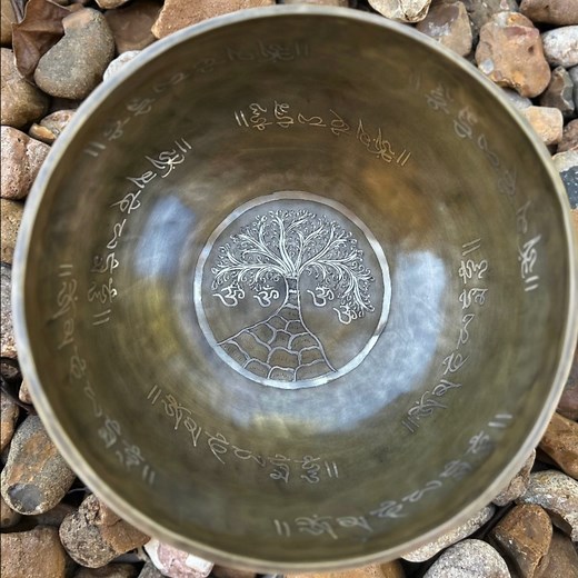 Sound Up! Introducing the Wisdom Keeper, a limited run of large and deeply resonant 2nd octave singing bowl with exquisite "Tree of Life" art featured. The sacred Tibetan mantra Om Mani Padme Hum encircles this masterpiece, creating a powerful union of visual and sonic excellence. The Wisdom Keeper is a masterpiece; its intricate Tree of Life design and ancient Tibetan script make it a one-of-a-kind piece of art. This is an extra thick walled bowl, with long sustain and impressive amplitutude. h