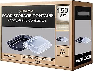 X PACK 16 oz Reusable Meal Prep Containers [150 Pack], Black Microwave Safe Food Storage Containers with Lids, Take Out Container, Bento Lunch Box To Go, BPA Free - Dishwasher & Freezer Safe
