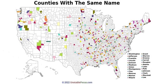 The U.S. counties with the same name.