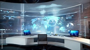 A futuristic office space features advanced digital screens displaying global data with a sleek desk and chair in an innovative design