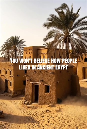 Ancient Egypt houses, majestic ancient Egyptian architecture with iconic homes and buildings, traditional mudbrick houses with flat roofs, some with small windows and wooden doors, palm trees and Nile river elements nearby, subtle background with cultural motifs like pyramids, sphinx, ankh, lotus flowers, scarabs, pharaoh symbols, vibrant historical and educational style Hashtags: #AncientEgypt #HistoryTok #WeAreAfrica #EgyptianCulture #LearnOnTikTok
