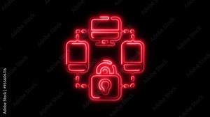 Neon Cybersecurity Network Icon - Glowing Lock and Connected Devices on Black Background Representing Advanced Digital Security, High-Tech Protection, and Modern Data Encryption Systems